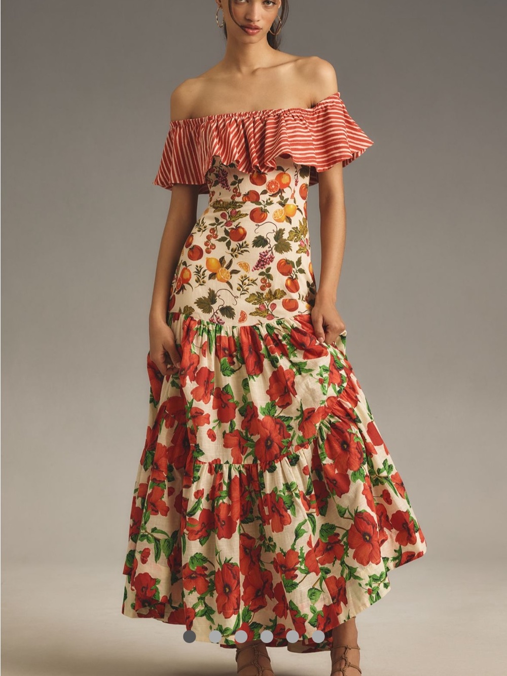 Strapless Floral Maxi Dress in Red and Cream
